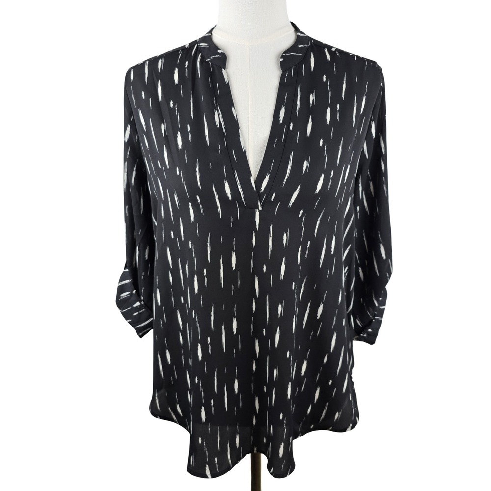 Lush Abstract Print V-Neck Blouse Women Medium Black White Roll Tab Sleeve